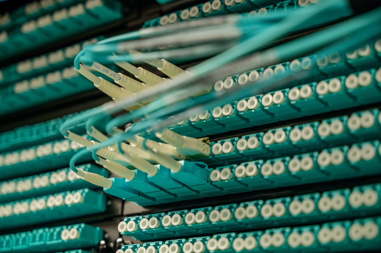 Detailed view of fiber optic cables connected to a server rack, showcasing modern technology.